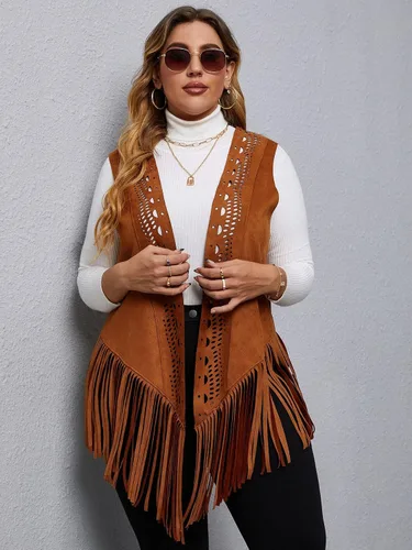 Miniatura 3 de SheIn Chaleco de ante sin mangas con flecos para mujer, estilo hippie, chaqueta estilo hippie de los años 70