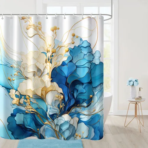 Miniatura 8 de Cortina de ducha con flores grises para baño, juego de cortina de ducha de mármol gris claro y blanco con ganchos, decoración floral abstracta