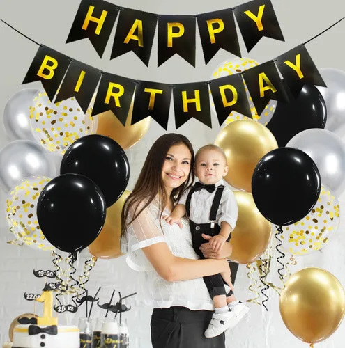 Miniatura 6 de Cartel de feliz cumpleaños, decoración de cumpleaños negro y dorado, 16 globos de 12 pulgadas con 2 cintas para hombres, mujeres, niñas y niños