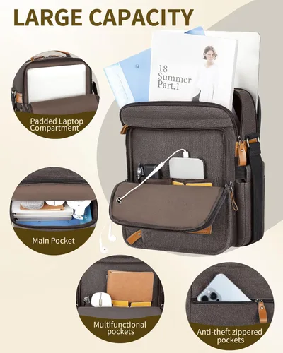 Miniatura 4 de ESTARER 13-13.3 Bolsa de portátil para hombres, bolsa de mensajero vertical para Mac neo/air/pro de 13-13.6 '' bolsa de hombro lona resistente al