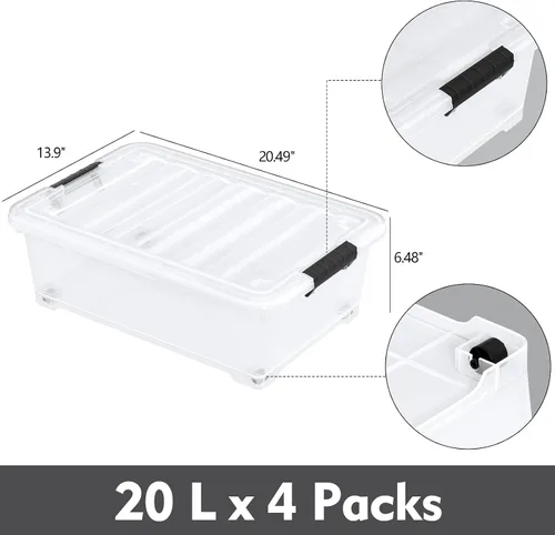 Miniatura 2 de 4 paquetes de contenedores de plástico transparente de 20 L para debajo de la cama con tapas y ruedas, bolsas de almacenamiento de plástico