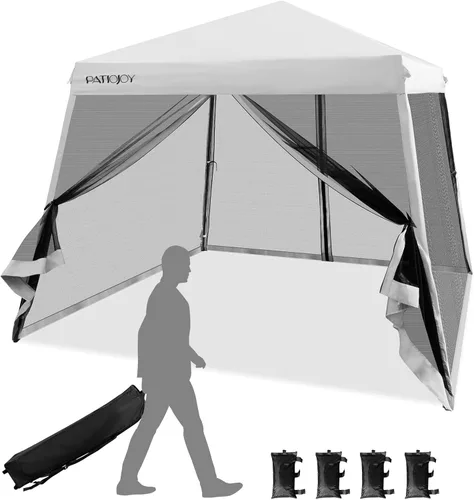 Tangkula Toldo desplegable de 10 x 10 pies con red, toldo de pierna inclinada para exteriores con bolsa enrollable, 4 bolsas de arena, 8 estacas, 4