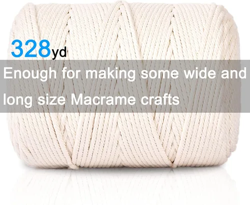 Miniatura 3 de Cuerda de macramé 5 mm x 328 yardas, cuerda de macramé de algodón natural - 4 hilos de cuerda de algodón trenzada para colgar en la pared, ganchos