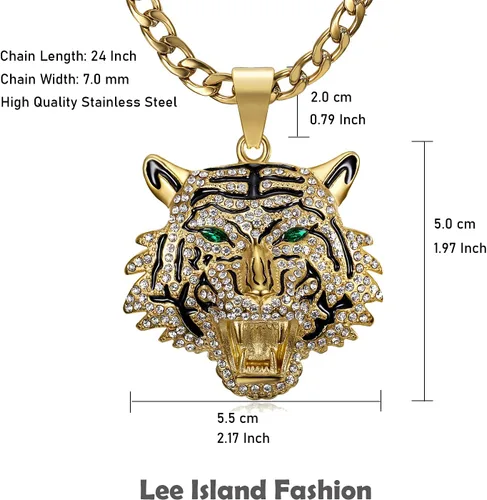 Miniatura 5 de CJiePeiC CZ Fully Roaring Tiger Head With Green Red Eyes Pendant Punk Rock Stainless Steel Necklace, 24 Inch 7mm Chain For Men Hip Hop Animal