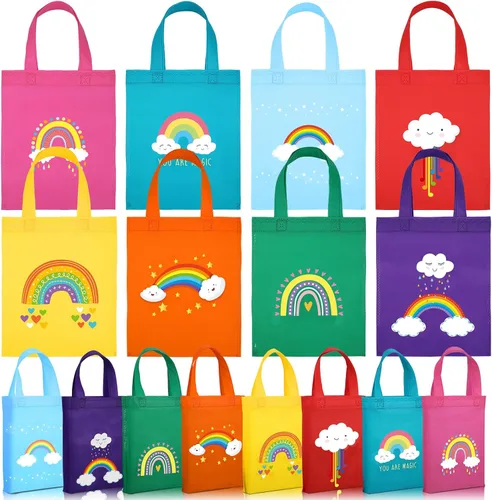 Ferraycle 24 bolsas de regalo reutilizables no tejidas para fiestas de arcoíris, mini bolsas de mano con asas, suministros de cumpleaños para niños,