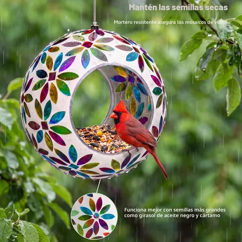 Miniatura 3 de VCUTEKA Comedero para pájaros para colgar en el exterior con recipiente de vidrio de forma redonda para atraer más aves silvestres, mosaico de paso