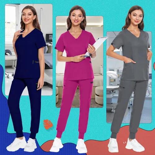 Miniatura 38 de VIAOLI Conjunto de ropa quirúrgica para mujer, camiseta con cuello en V y pantalones médicos tipo cargo para mujer, 10 bolsillos