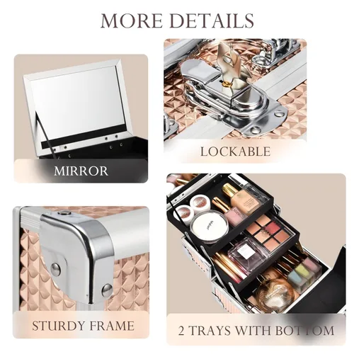 Miniatura 5 de FRENESSA Estuche de Maquillaje Tipo Maleta, Caja de Maquillaje Portátil con Espejo, Caja con Cerradura, Estuches de Maquillaje de Viaje Tipo Maleta