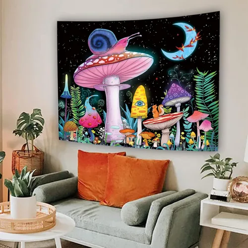 Miniatura 6 de ZYLLGLOW Tapiz de hongos trippy, tapiz de luna y estrellas, tapiz rosa de caracol, tapiz de plantas y hojas de fantasía, tapices de ojos trippy