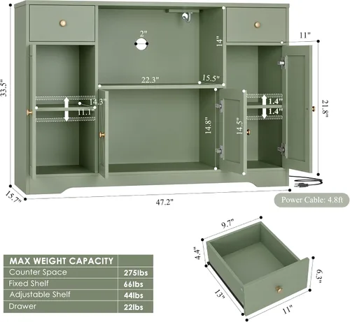 Miniatura 3 de HOSTACK Armario de microondas con estación de carga, armario de almacenamiento de cocina de 47 pulgadas de ancho con soporte para microondas, Verde
