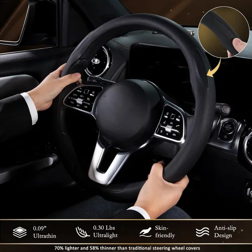 Miniatura 4 de Aimato Funda ultrafina para volante de automóvil, microfibra cómoda y transpirable, ajuste universal para la mayoría de los automóviles, color negro