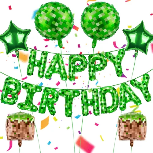 Juego de decoraciones de fiesta de feliz cumpleaños con temática de píxeles verdes, con globos de píxeles, esenciales para fiestas temáticas,