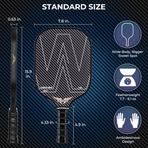 Miniatura 4 de Juego de 4 palas de pickleball con raquetas de fibra de carbono T700, 4 bolas para interiores y exteriores, cinta de agarre, bolsa de transporte