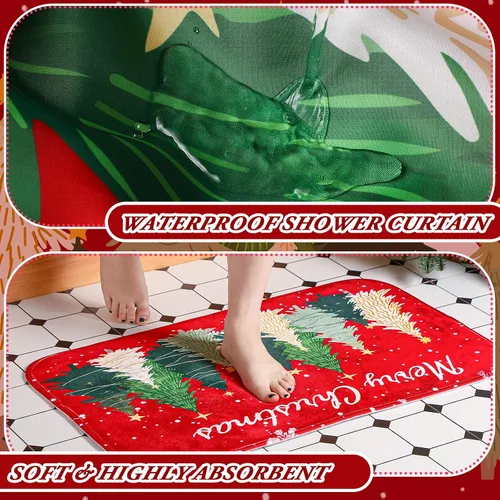 Miniatura 6 de Fanfanwin Juego de 4 piezas de baño de Feliz Navidad con cortina de ducha de árbol de Navidad de 71 x 71 pulgadas, alfombras antideslizantes