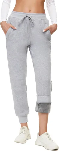 Miniatura 36 de MOUEEY Pantalones deportivos súper cálidos con forro de sherpa para mujer, pantalones deportivos de forro polar con bolsillos con cremallera