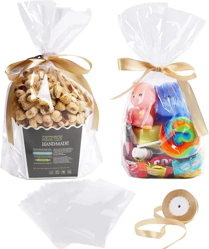 Miniatura 8 de Giftvest 50 bolsas de celofán transparente con fuelle de 6 x 9 pulgadas, bolsas de plástico para envolver regalos con cinta de satén dorada