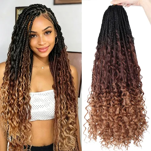Miniatura 10 de LMZIM 18 Pulgadas Trenzas de Caja Bohemias 8 Paquetes Trenzas de Caja de Diosa Bohemia Cabello de Ganchillo con Puntas Rizadas Cabello de Ganchillo