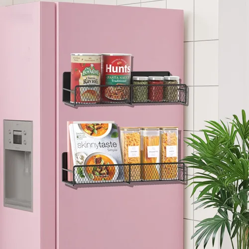 Miniatura 4 de Estante magnético para especias para refrigerador, paquete de 2 estantes magnéticos para refrigerador con 4 ganchos, estantes magnéticos negros