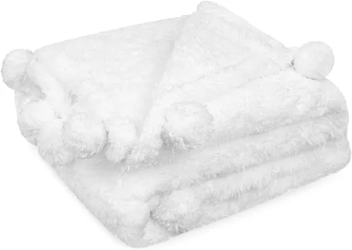 Miniatura 12 de PAVILIA Manta de sherpa negra para sofá, cálida manta de felpa con pompones, manta mullida para sofá, ligera, suave y acogedora con pompones, 50 x