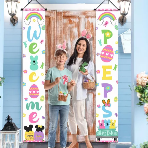 Miniatura 2 de Letrero Banner de Bienvenida de Conejito para Porche, 2 piezas Decoración de Puerta de Pascua Feliz, Tema de Ratón Letrero de Bienvenida para Puerta