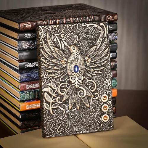 Miniatura 6 de Diario sin forro – Phoenix Brass 3D con diseño de arte en relieve de tapa dura en blanco, cuaderno de bocetos A5 con 2 marcadores, 8.4 x 5.7 Phoenix