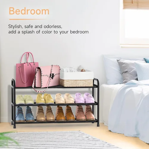 Miniatura 6 de Zapatero expandible de 3 niveles para el suelo del armario, organizador de zapatos pequeño ajustable de 16 a 30 pulgadas para entrada, puerta