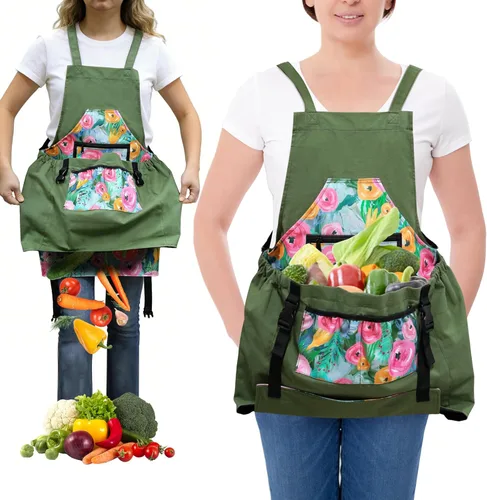 Miniatura 10 de Gardening Apron with Quick Release Pockets for Women and Men, Water Resistant Picking Pouch Verde