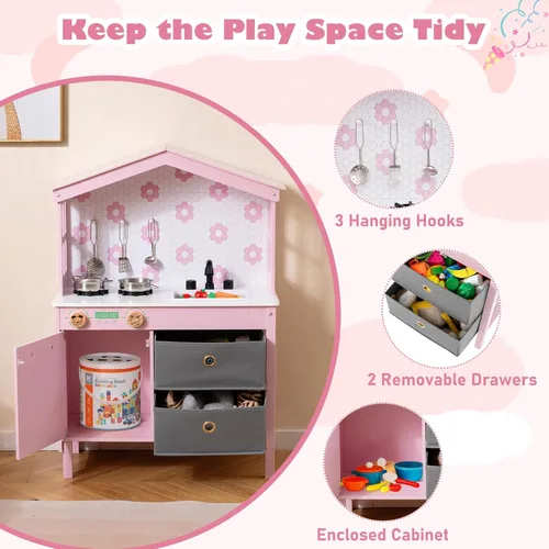 Miniatura 4 de Costzon Cocina de Juguete para Niños, Juguete de Cocina Montessori Little Chef con 2 Estufas, Perillas Giratorias, Grifo, Fregadero, Lavavajillas, 2