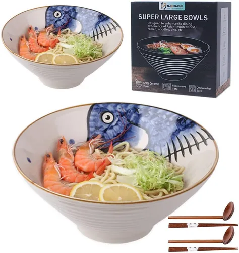 Miniatura 10 de NJCHARMS Juego de 2 cuencos de cerámica para ramen, cuencos de sopa de fideos japoneses de 42 onzas con cucharas y palillos para sopa de ramen