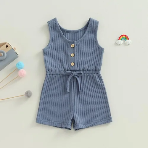 Miniatura 16 de Traje de verano para niña pequeña, de manga corta, acanalado, overol liso, pantalones cortos, ropa para recién nacidos