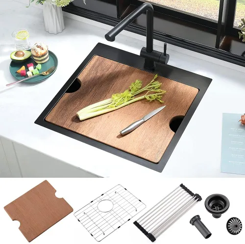 Fregadero de bar negro de 21 pulgadas, fregadero de cocina pequeño de montaje superior, fregaderos de bar húmedos de 16 calibre, acero inoxidable