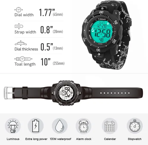 Miniatura 7 de F.ZEGAO Men Digital Sports Watch, 100M Diving Grade Waterproof Watch with Stopwatch Countdown Timer Alarm Function Dual Time Silicone Strap Wrist