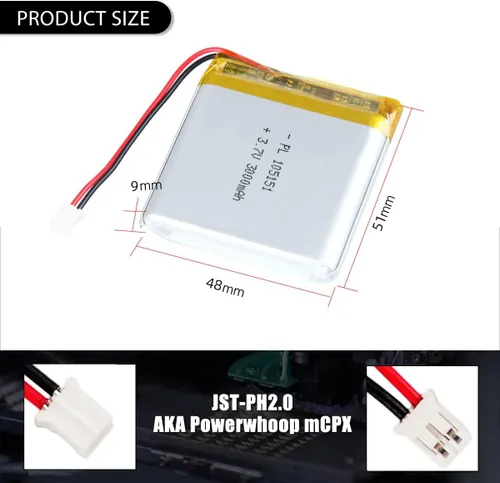 Miniatura 3 de 3.7V 3000mAh 105151 Batería Lipo Recargable de Polímero de Iones de Litio con Conector PH2.0mm JST