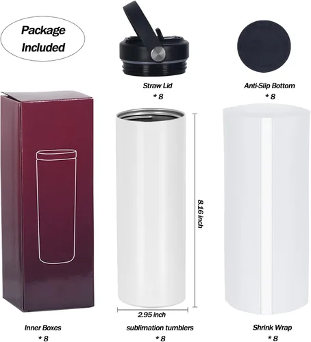 Miniatura 2 de Paquete de 8 Vasos de Sublimación a Granel de 20 onzas, Delgados, Rectos, Botellas Deportivas de Agua de Sublimación, Tazas de Acero Inoxidable