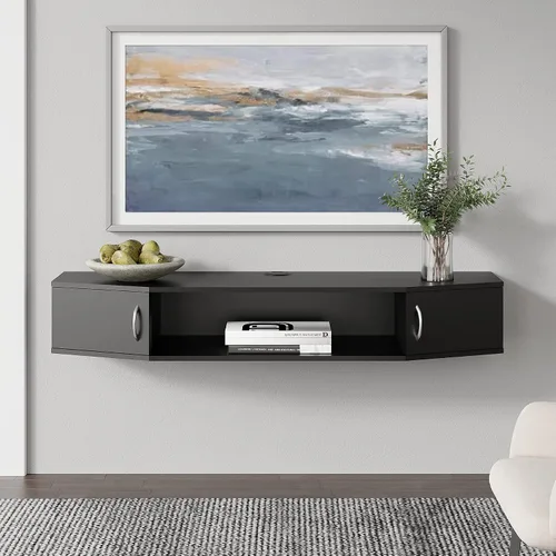 Miniatura 3 de FITUEYES Soporte flotante para TV montado en la pared, estante de TV con puerta, consola multimedia de madera, centro de entretenimiento debajo