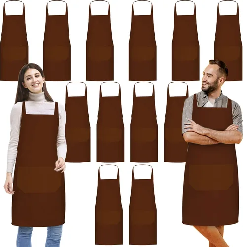 Jeffbaubl Paquete de 12 delantales con peto, delantales a granel, delantales lisos unisex con 2 bolsillos, delantal en blanco con lazos largos para