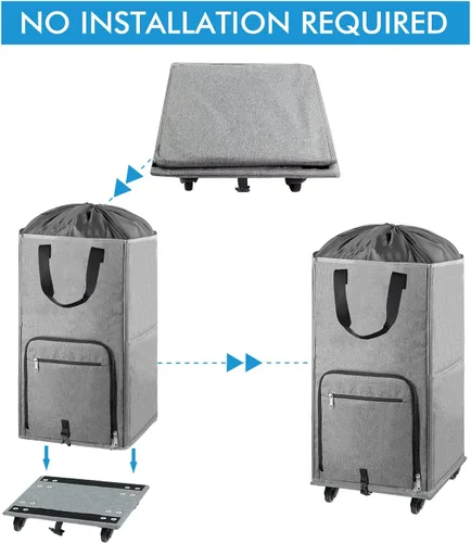 Miniatura 6 de Bukere - Cesta de lavandería con ruedas, cesta grande con 4 ruedas y 2 asas, bolsa de lavandería con ruedas plegable independiente para ropa, Gris