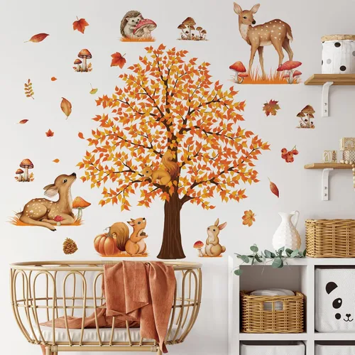 Miniatura 5 de 4 hojas de calcomanías de pared de árbol grande de otoño, árbol de arce, bosque de otoño, calcomanías de pared de bricolaje para despegar y pegar