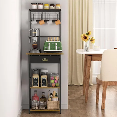 Miniatura 9 de Estación de café de 5 niveles, soporte de cocina con 4 ganchos en forma de S, gabinete de barra de café de esquina estilo granja para espacios