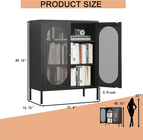 Miniatura 2 de Armario de almacenamiento de metal con 2 puertas de malla para sala de estar, hogar, hotel, oficina, garaje, cocina, 3 niveles, 2 estantes Negro