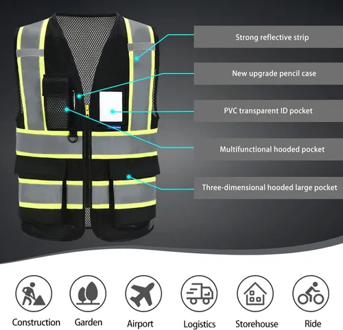 Miniatura 4 de AYKRM 11 color alta visibilidad reflectante chaleco de seguridad para mujeres hombres bolsillo cremallera ANSI/ISEA estándar Malla Negra
