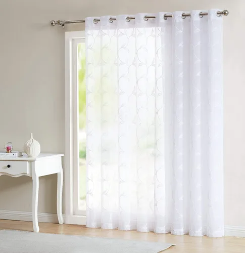 Miniatura 7 de LINENZONE Cortina de patio transparente blanca para puertas correderas con bordado de hojas de carbón gris. Extra ancha para patio, puertas
