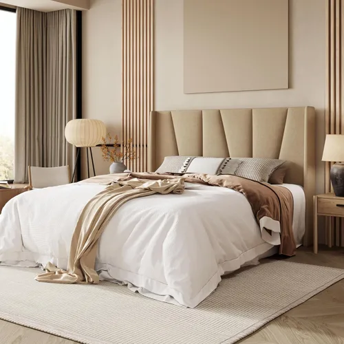 Miniatura 3 de Allewie Base de cama de plataforma tamaño Queen con cabecera geométrica con respaldo de alas, cama tapizada bohemia con soporte de listones de Beige