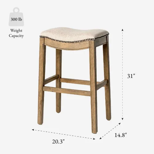 Miniatura 3 de Maven Lane Taburete de bar Adrien sin respaldo – Asiento de sillín de 31 pulgadas con reposapiés – Estructura de madera maciza natural y tapizado