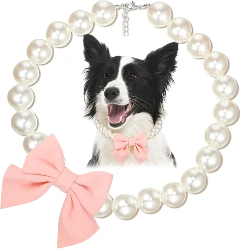Miniatura 8 de LEIFIDE Collar de perlas para perro, joyería con colgante de lazo rosa, collares de perlas elegantes, collar ajustable para perros y gatos, collar