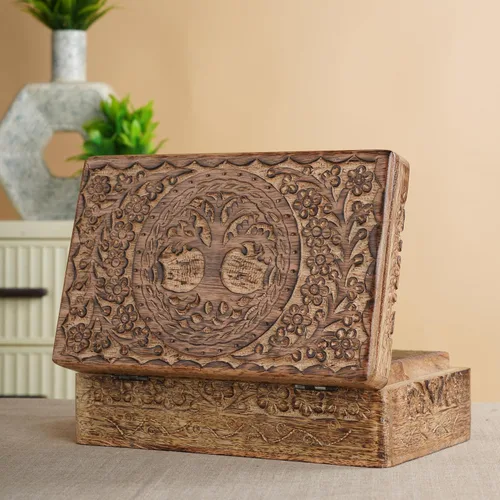 Miniatura 9 de Ajuny Cajas de Joyería de Madera Cajas Decorativas Antiguas con Tallado del Árbol de la Vida para Decoración de Mesa de Centro Regalo de Cumpleaños