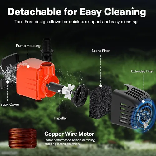Miniatura 4 de Doko Bomba de agua sumergible, bomba de agua para acuario de 460 GPH con cubierta de malla extendida y esponja, bomba de estanque ultra silenciosa