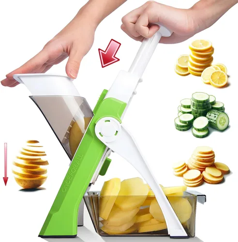 Miniatura 9 de Cortador de mandolina seguro para cocina, cortador de verduras y alimentos & espesor ajustable de 0.1-8 mm. Fácil de limpiar, almacenamiento, Verde
