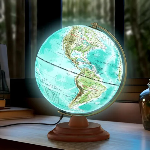 Globo del mundo iluminado con soporte de madera, globo mundial de 8 pulgadas para aprendizaje de niños y adultos, luz nocturna LED incorporada,