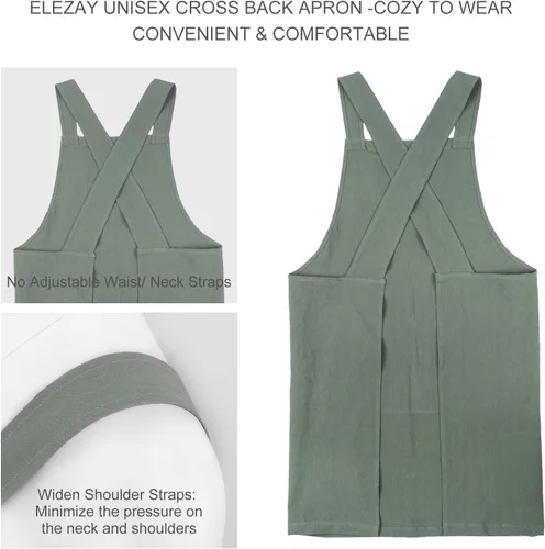 Miniatura 2 de ELEZAY Delantales para mujer con bolsillos, talla grande, cómodo, espalda cruzada, sin lazo, delantal de lino y algodón Verde